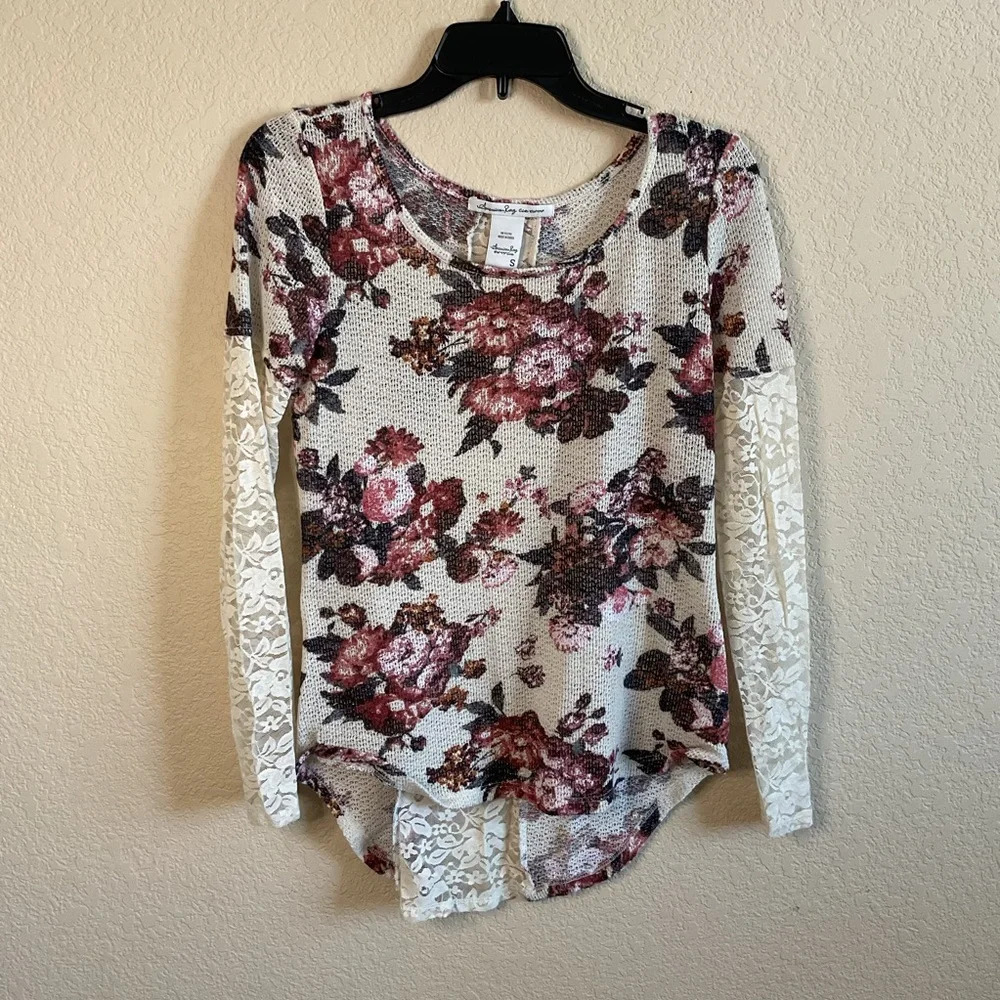 American Rag CIE Womens Floral Longsleeve Knit Lace Sleeves Size‎ Small